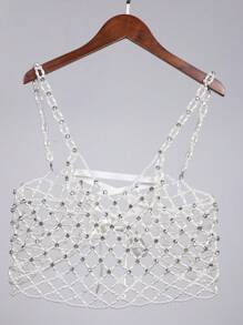 1 pezzo Canotta da donna con corpetto decorato con perle, senza schienale e senza maniche, decorazione con catena sulla schiena, in stile Y2K, da festa, con paillettes e perline lucenti
