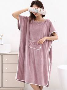 1 Coral Wool Bathrobe Solid Color Design Hooded Women's Bathrobe, Wearable Towel, Bath Towel, Robe, Women's Bathrobe, Super Soft, Absorbent, Warm, Sleepwear, Neutral Home Clothes, Home Clothes, Suitable For Home, Hotel, Bathroom, Bedroom, Spa, Swimming Pool, Party, Four Seasons Holiday Gift, Mother's Day Back To School