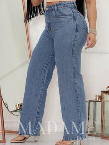 WOMEN'S HIGH WAIST PANTS, WIDE LEG, MEDIUM WASH, PREMIUM DENIM - 中等水洗藍 - 查看 1