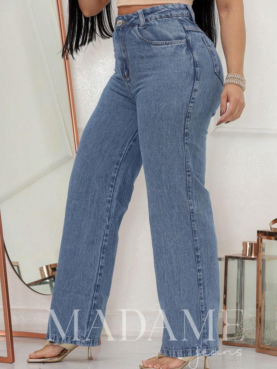 WOMEN'S HIGH WAIST PANTS, WIDE LEG, MEDIUM WASH, PREMIUM DENIM - 中等水洗藍 - 查看 1