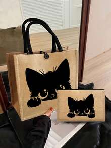 猫咪主题手提包套装：女士手提包套装，包括 1 个黑色卡通猫咪图案手提包和 1 个印有猫、鸟、波浪、花朵图案的小包/零钱包，适合海滩度假，时尚大容量化妆包，旅行化妆包。 - 卡其色 - 查看 12