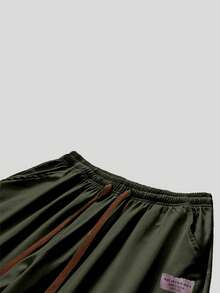 Men's Relaxed Fit Drawstring Waist Slant Pockets Solid Color Pants, Fall - Army Green - View 2