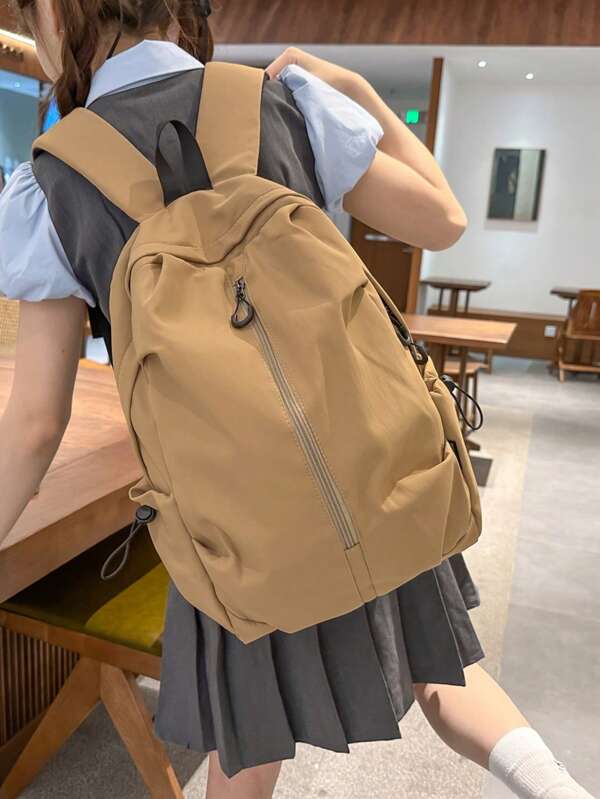 High School Students & Couples Stylish Zipper Travel Bag, University Simple Backpack, Korean Version Solid Color Rucksack School Bag