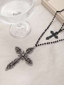 1pc Multi-Layer Cross Pendant Necklace, Black Metal Faux Crystal Zirconia, Women Punk Goth Party Accessory, Match Daily Outfit
