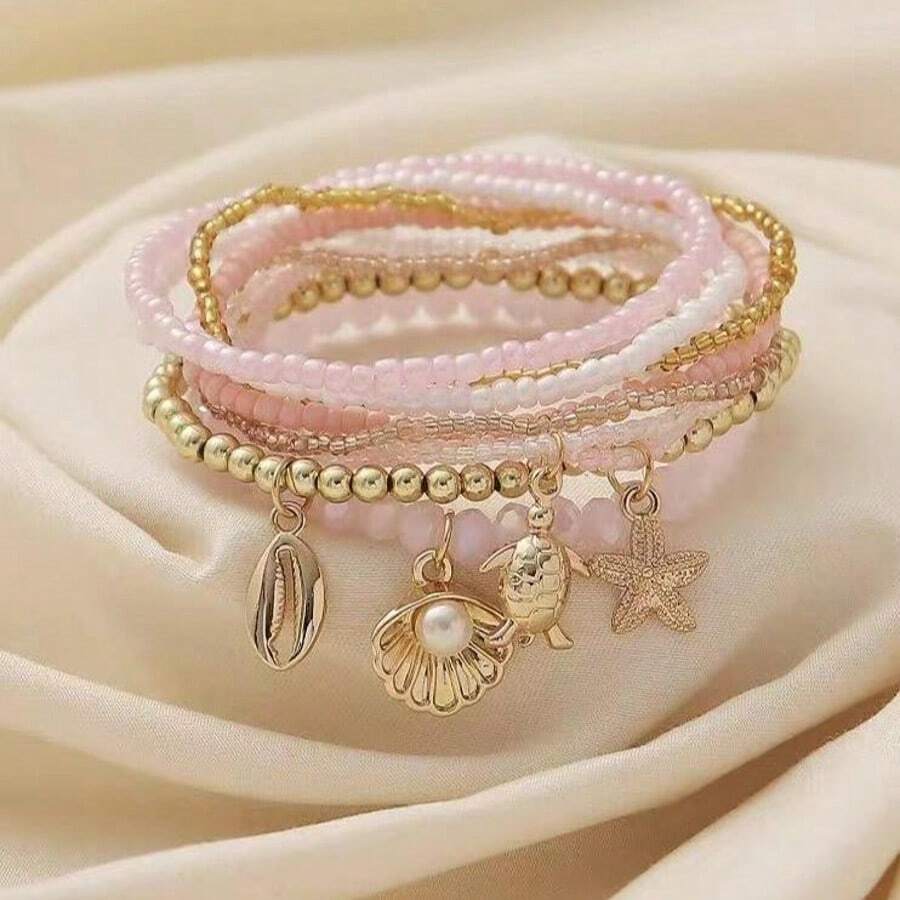 PHCOO 9pcs Bohemian Style Bead Bracelet, Includes Sea Turtle, Seashell, Starfish & Other Summer Ocean Elements Pendants, Suitable For Daily Wear