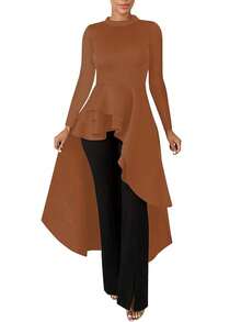 Casual Solid Ruffles Hem Asymmetrical Shirt Dress Long Sleeve T Shirt Blouse Long Tunic Dresses Going Out Irregular Skirts Tops Fall Winter Clothes - 棕色 - 查看 2