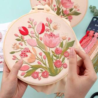 Beginner Embroidery Kit For Adults, Easy To Learn Floral Embroidery Patterns From Video & Instruction, Needlepoint Kits For Adults Include Embroidery Hoop, Colorful Threads, Tools