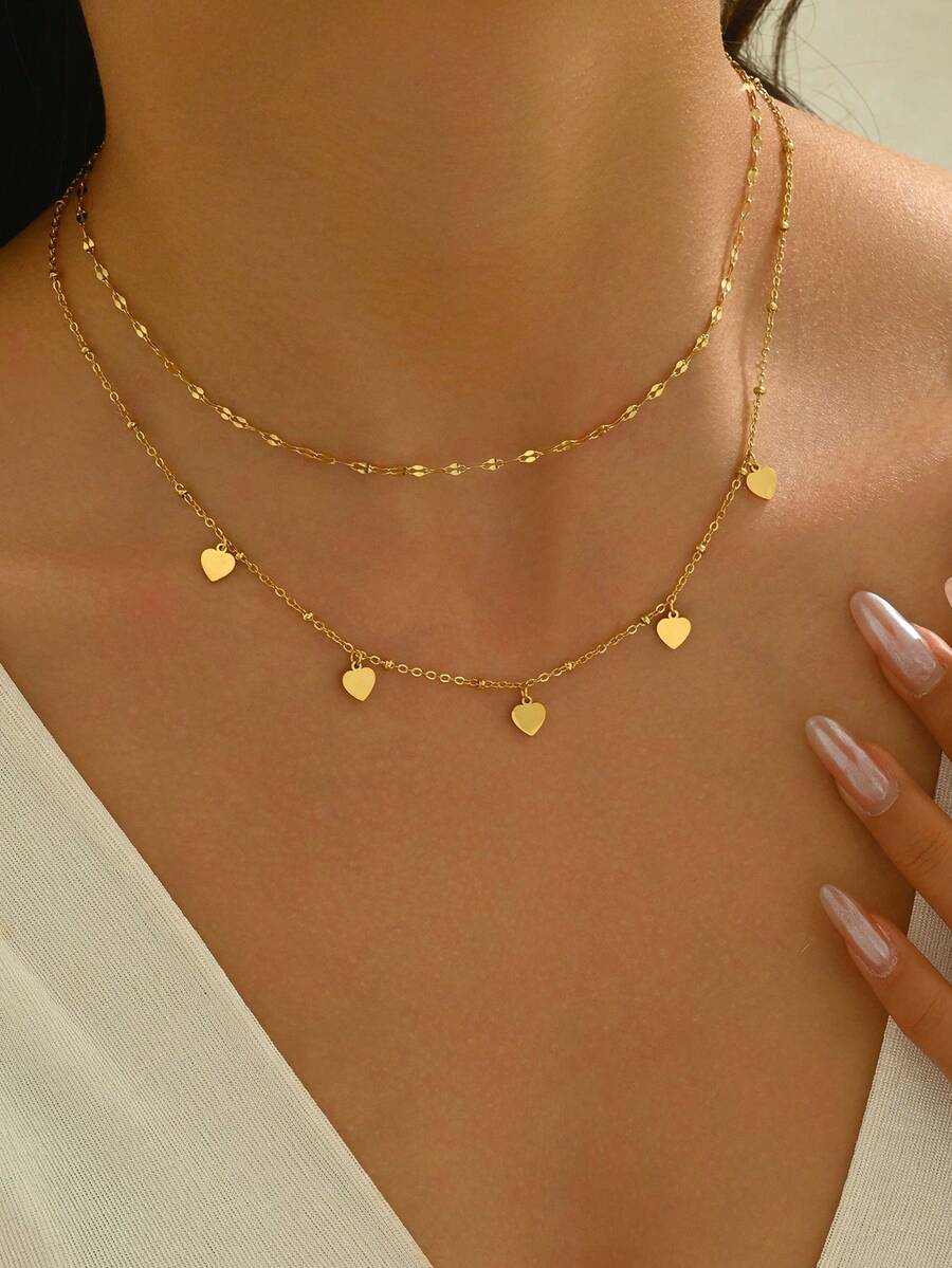 LIEBEIRIS 1 件 18k 镀金简约双层几何心形吊坠不锈钢项链，适合女性日常佩戴和送礼 - 金黃色 - 查看 1