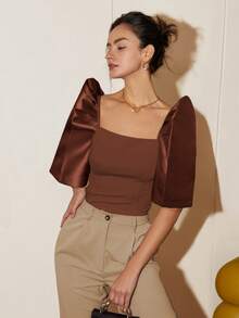 Women's Spring/Autumn Solid Color Petal Sleeve Stand Collar Square Neck Elegant Blouse Cropped Top - Coffee Brown - View 4