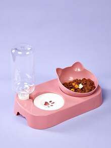 PETSIN 1入粉色貓碗套裝，帶自動給水器，防潑水，多功能可調節寵物飼料器，2合1寵物餵食和飲水用品 - 粉色 - 查看 3