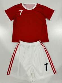 Customized Product: Personalized Name/Number/Team Customization, 22-23 Season Home Jersey #7/CR*7 Jersey, Youth/Kids/Boys Soccer Uniform Set, Sportswear & Casual Wear, Round Neck Top And Shorts, Suitable For Boys Sports, Training And Leisure Wear, Outdoor Perfect Choice - Red and White - View 2