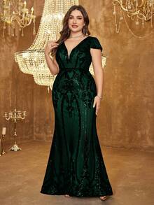 UNITHORSE Plus Size Women Deep V-Neck Backless Sequin Embellished Cocktail Party Dress With Caped Sleeves - Màu xanh lá cây đậm - Xem 3