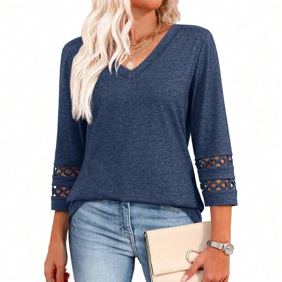 XIEERDUO 3/4 Length Sleeve Womens Tops Dressy Casual Blouses For Women 2025 V Neck T Shirts Summer Clothes - 藏蓝色 - 查看 1
