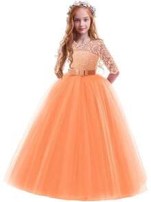 Flower Vintage Floral Lace 3/4 Sleeves Floor Length Dress Wedding Party Evening Formal Pegeant Dance Gown - Quả cam - Xem 1