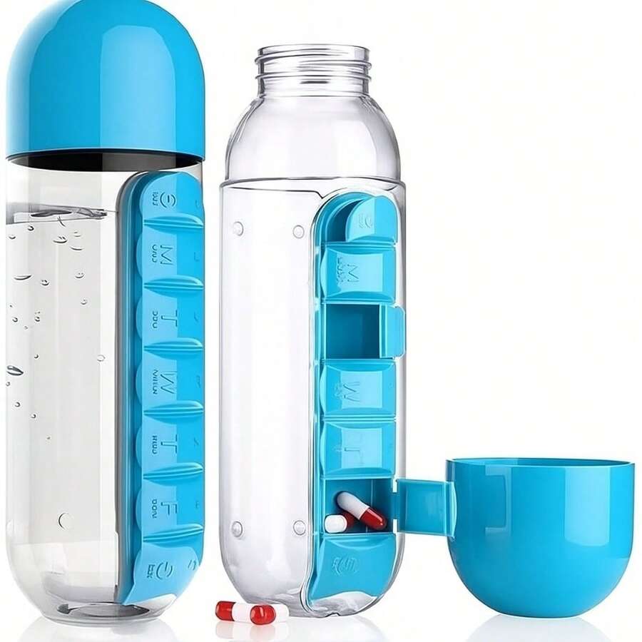 Portable Water Bottle With Integrated Pill Holder - Blue - View 1