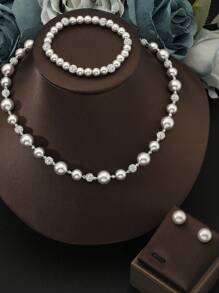 1 Set Silver Bright Pearl Zirconia Ball Necklace + 1 Pearl Bracelet + 1 Ring, High Quality Jewelry Gift Set, Suitable For Special Occasions