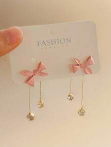 Pink Bowknot Tassel Long Earrings With Rhinestone For Women Sweet Girl Jewelry Studs Summer Valentines Gift Mom Mother Day Fashion - 粉色 - 查看 3