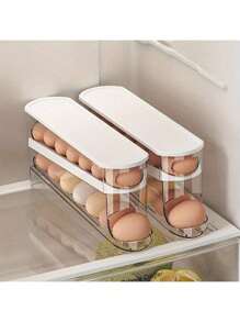 Soporte automático de doble capa para huevos, mantiene los huevos frescos, contenedor deslizante que sostiene de 12 a 14 huevos - Diseño con bisagras, material plástico, sin contacto con alimentos - Organizador de refrigerador, bandeja de huevos de cocina