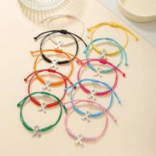 10pcs/Set Woven Wax Cord Adjustable Breast Cancer Awareness Bracelets, Handmade Braided Rope Bracelet With Metal Alloy Charms, Support Breast Health