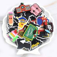 30PCS/SET Graduation Season Theme Shoe Charms, Schoolbag Pencil Black Doctor's Hat Apple Cartoon Pattern DIY Shoe Decorations Sandals Wristband Charms, Graduation Souvenirs - Black and White - View 5