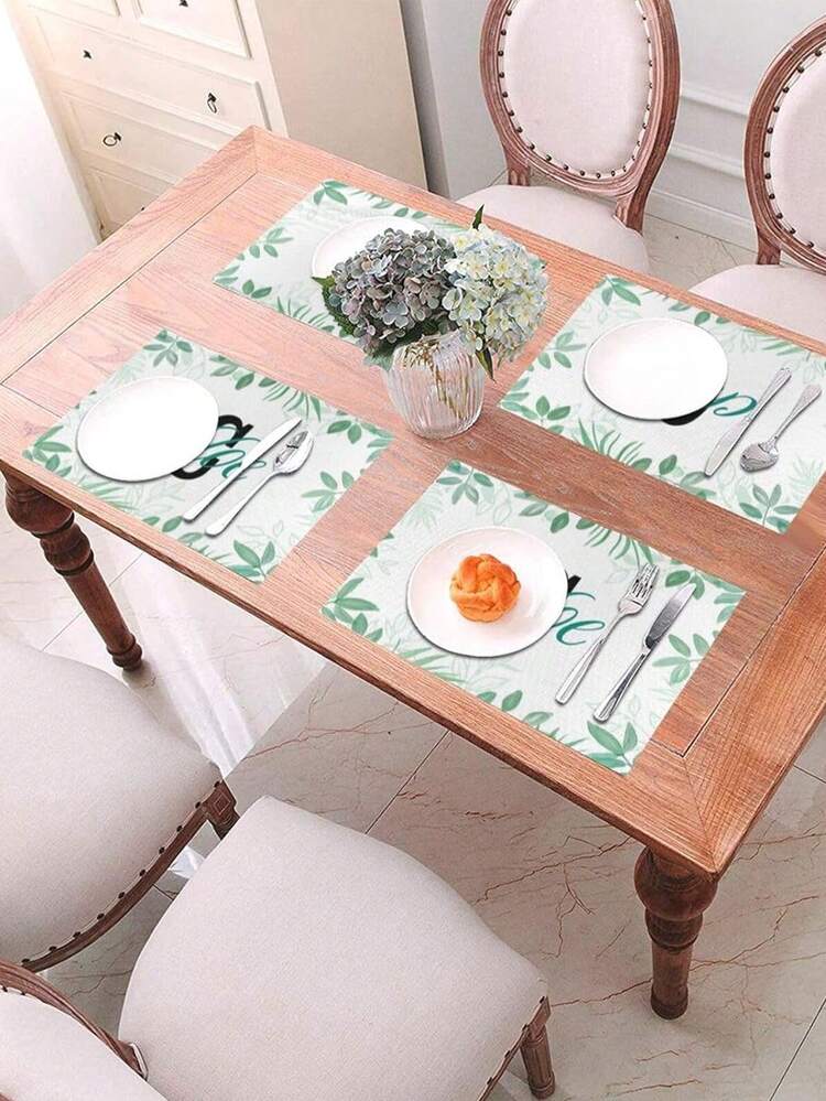 Individuales bordados personalizados - Individuales de mesa con diseño de hojas verdes geométricas, manteles decorativos de estilo medieval para cocina y festividades, individuales para bodas, regalos de verano para la cocina - Multicolor - Añade 4