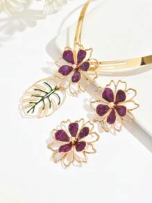 Set de 3 piezas de collar + pendientes con diseño de flor hueca de gota de aceite de estilo bohemio y colorido para mujeres, adecuado para uso diario, casual, playa, cita, fiesta, regalo