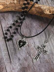 Bộ 3 dây chuyền trái tim hoa ngọc trai đen phong cách Gothic cổ điển, bộ trang sức dây chuyền Y2K dành cho phụ nữ - màu đen - Xem 2