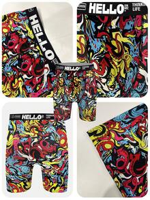 3 pièces/set Short de boxe long à imprimé graffiti style aléatoire pour hommes, respirant et confortable, séchage rapide, taille élastique, short de sport, maillot de bain de plage/piscine, sous-vêtements innovants pour hommes - Multicolore - Voir 9