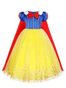 Young Girls Yellow Dress With Long Shawl Puff Skirt, Gold Flower Decor Party Dress, Suitable For Outings, Gatherings, Birthday Parties, Stage Performances And Other Major Events