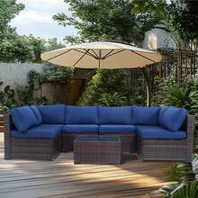 7 Piece Modern Rattan Furniture Set, Outdoor Combination Sofa Parlor Set With Cushions And Pillows - Màu xanh hải quân - Xem 2