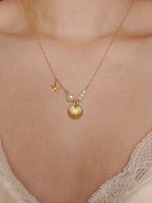 1pc Fashion Stainless Steel Faux Pearl Starfish Shell Pendant Necklace Summer Beach Daily Wear And Gift - Gold - View 5