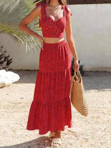 女士夏季心形印花性感优雅休闲波西米亚度假细肩带露背弹力荷叶边短款上衣和高腰 A 字长裙套装，适合日常外出、通勤、约会、海滩度假、节日、派对、街头摄影穿着 - 紅色 - 查看 4