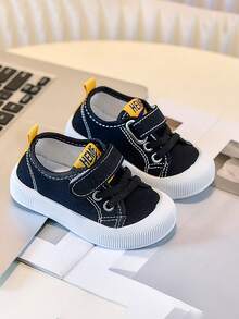 1 Pair Baby Soft Denim Fabric Shoes With Hook And Loop Design, Easy For Toddlers To Put On/Off, Comfortable Soft Sole For Running & Jumping, Adorned With Simple Yellow Details, Suitable For Everyday Wear And Indoor Activities