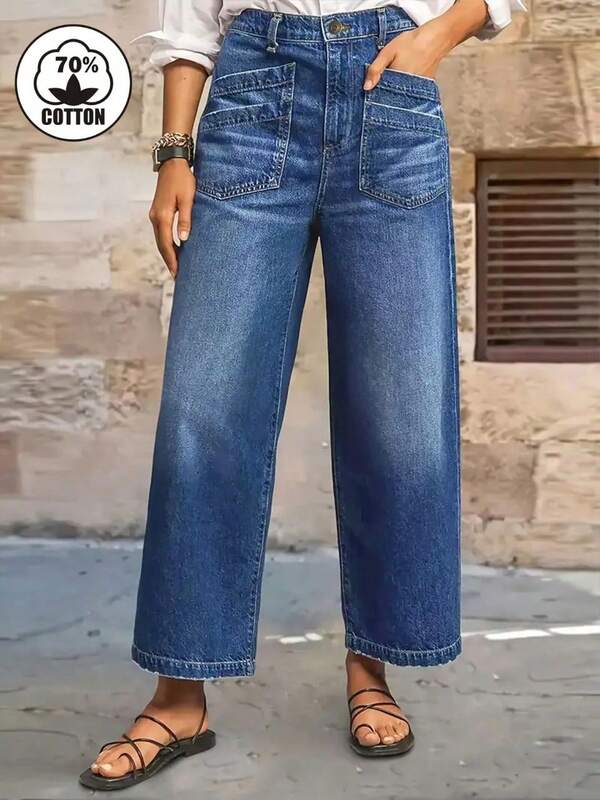 Jeans a vita media, gamba ampia, lavaggio vintage, orli sfrangiati, tasche inclinate, lunghezza cropped, per donne, collezione autunno inverno