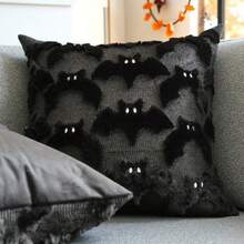 1pc 3D Plush Bat Throw Pillow Cover, Gothic Dark Halloween Witch Theme Decorative Cushion Case, 18" X 18", For Living Room Sofa Bedroom Halloween Decor, Pillow Insert Not Included - Black - View 6
