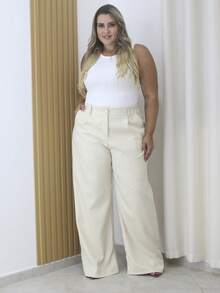 Calça Pantalona Alfaiataria Plus 46-52 Com Bolso Fechamento Zíper e Botão 8819 - Creme - Visão 1