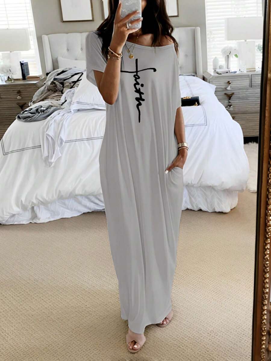 ChicMe Women Maxi Dress Letter Print Sleeveless Casual Loose Fit Shoulder Strap Long Dress Loose Fit With Pocket Casual Daily Wear - Grey - View 1