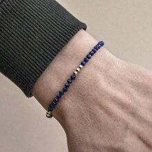 1pc Men's 3mm Black Onyx, Quartz, Lapis Lazuli Bead & Golden Copper Bead Adjustable Bracelet, Suitable For Daily Wear And Gift