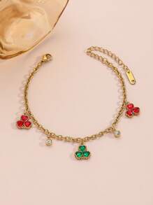 Pulseira de Trevo de Aço Titânio Dourado Minimalista, Incrustada com Cubic Zircônia, Comprimento Ajustável, Adequada para Verão, Férias, Presentes para Namoradas, Anti-Desbotamento, Anti-Alérgica, Elegante Acessório Feminino