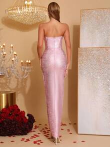 Modphy Đầm maxi cúp ngực, xẻ cao đến đùi, đính đá lấp lánh, thích hợp làm đầm phù dâu cho đám cưới và tiệc tùng. - Hồng - Xem 6