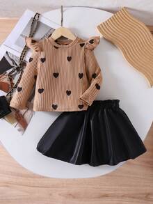 2 件套女童甜心印花长袖上衣 + 裙子套装，适合春秋季休闲装 - 黑色 - 查看 2