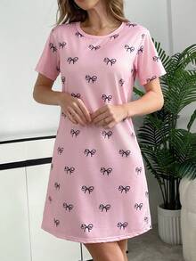 女士蝴蝶结印花睡衣睡袍，休闲针织圆领短袖T恤和迷你裙，适合年轻女士的舒适春夏季睡衣和家居服 - 彩色 - 查看 3