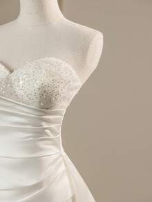 Women Solid Satin Sequins Lace Strapless Tail Elegant Mermaid Wedding Dresses Bridal, For Bride - White - View 6