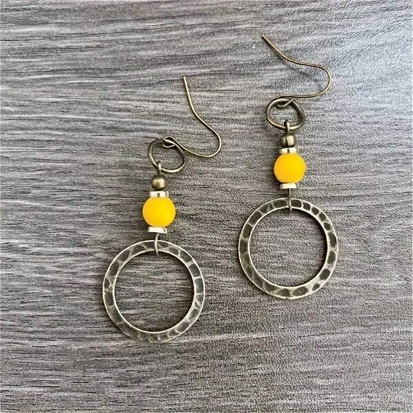 Vintage Hollow Circle With Faux Turquoise Decor Pendant Earrings, Women's Party Jewelry Gift