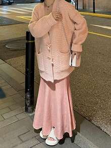 女士高腰针织美人鱼半身裙，垂坠效果，秋冬款 - 粉色 - 查看 5