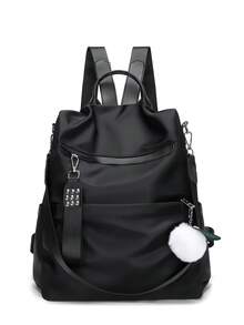 牛津布休闲单肩包，女士尼龙零钱包，手提包，妈妈防水包，酒吧客防盗背包，女士新年礼物，大容量双肩包，带绒球吊饰，适合女孩、小学生/高中生/大学生、毕业生，返校必备 - 黑色 - 查看 2