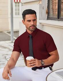 Men's Stretch Dress Shirts Short Sleeve Wrinkle Free Casual Button Down Shirts-20256688 - Burgundy - View 8