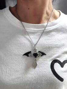 深色复古哥特 Y2K 天使之翼水钻十字架项链，男女通用 - 銀色 - 查看 2