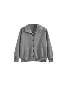 女士灰色翻领针织开衫，休闲宽松长袖毛衣上衣，秋冬 - 灰色 - 查看 5