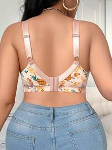 Plus Size Women Comfortable Everyday Lace Print Patchwork Bra With Underwire - Apricot - View 2